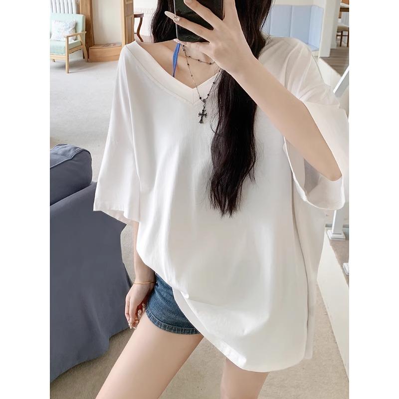 

Белая хлопковая футболка с V-образным вырезом, средней длины, закрывающая ягодицы, с короткими рукавами, для женщин, летний ленивый стиль, свободный, утягивающий и свободный верх XL