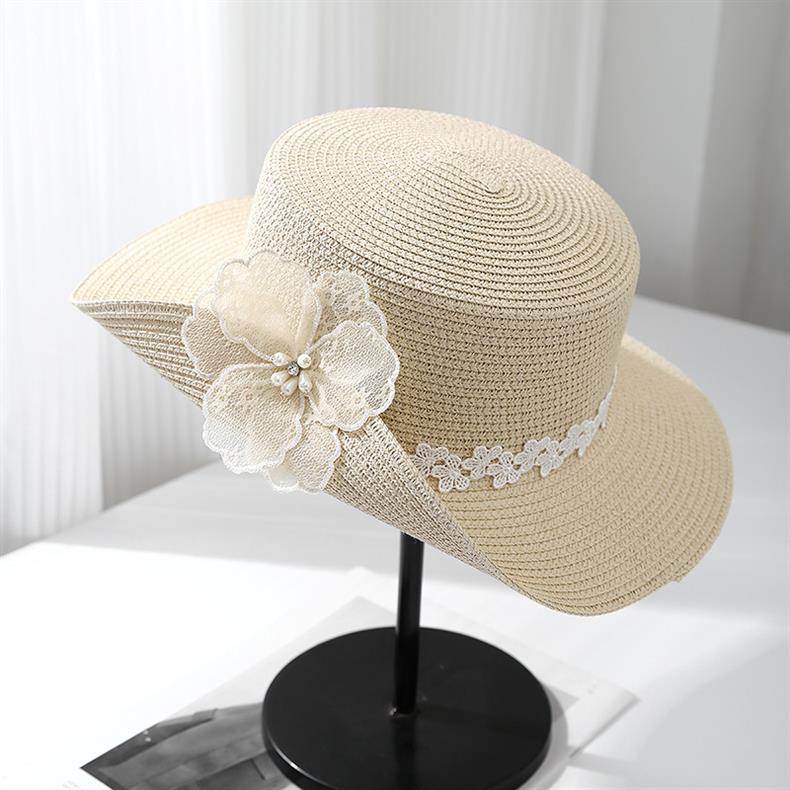 Fashion lace flower curled straw hat women's summer seaside woven hat seaside vacation visor beach sun hat