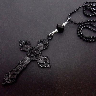 Gothic Punk Black Hollowed-out Relief Patterns Cross Pendant Beaded Chain Necklace for Women Men Hallowmas Party Jewelry Gifts