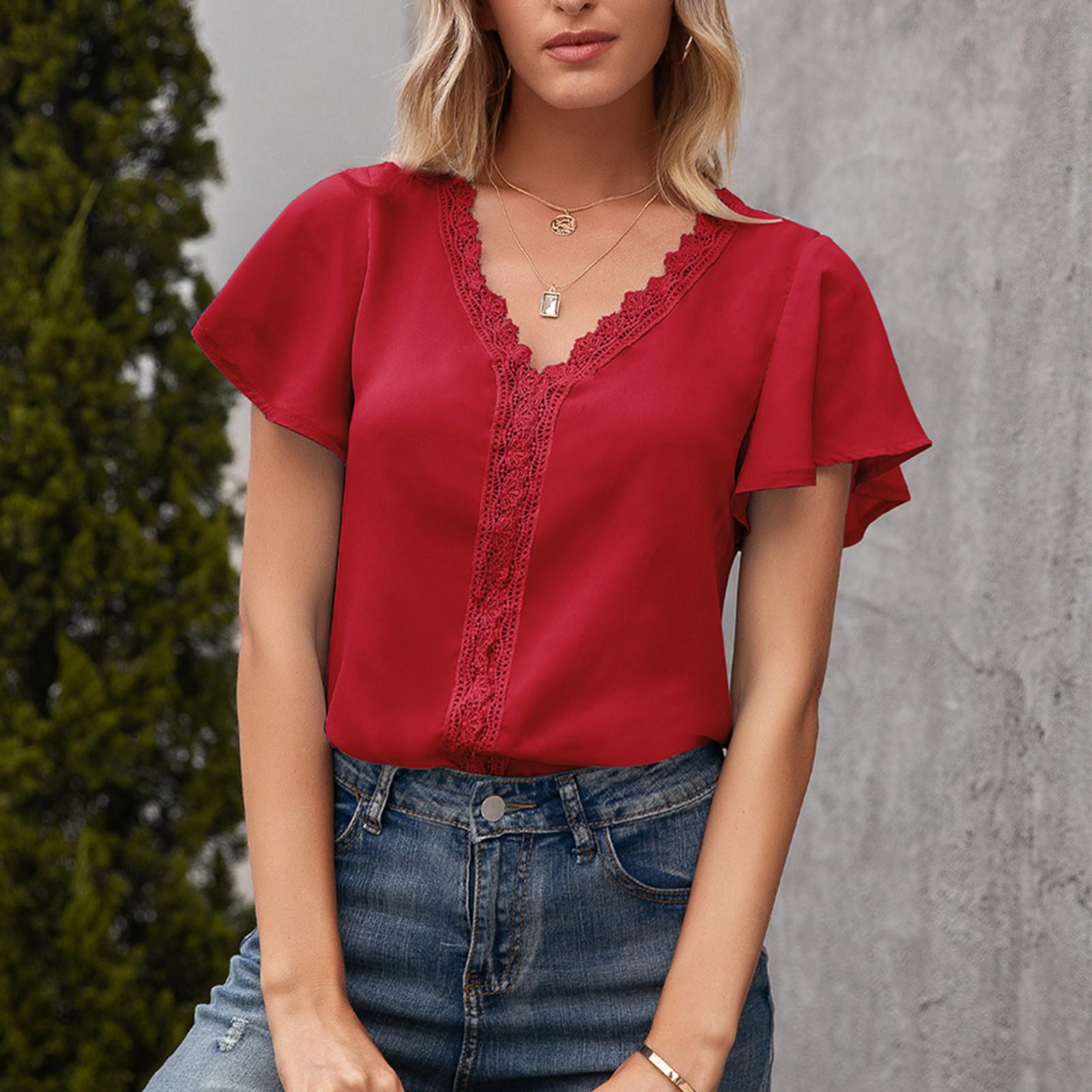 

Женский повседневный модный сексуальный сплошной цвет с v-образным вырезом и полым топом M красный