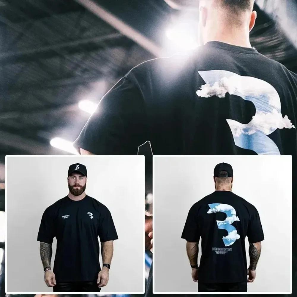2024 Gym Fitness T-shirt Loose Oversized Cotton Men Short Sleeves Bodybuilding Sports Tees Summer Training Workout Jogging Tops