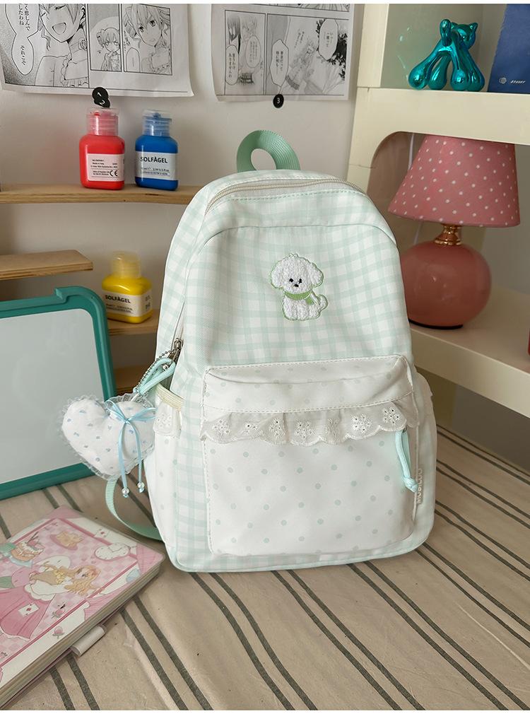 Schoolbag summer fresh blue and white grid small polka dot backpack soft cute puppy embroidery sweet age-reducing student party travel small backpack