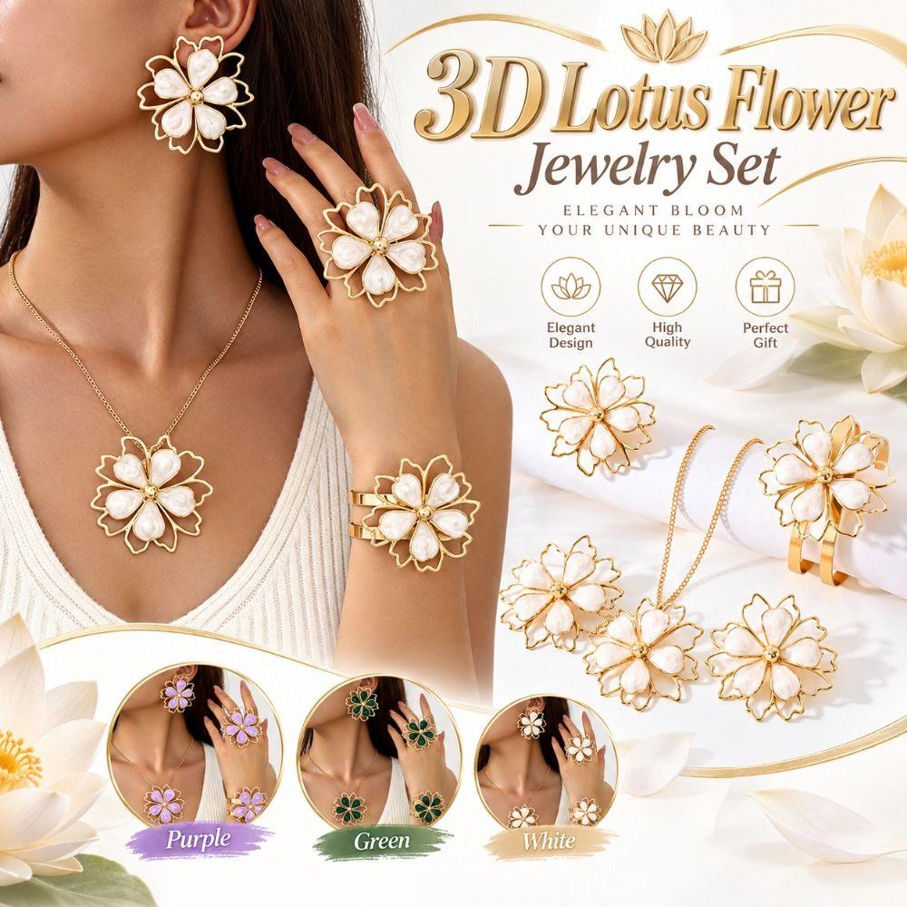 Double Layer 3D Lotus Flower Jewelry Set Hollow Out Flower Necklace Gifts Flower Jewelry Set Women