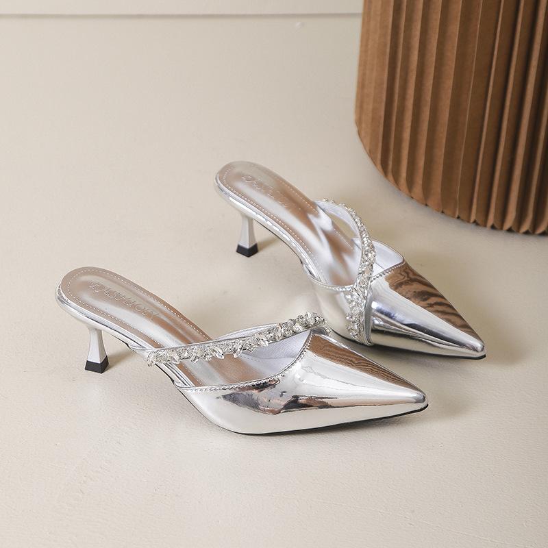 2025 Spring New Pointed Rhinestone High Heels Women's Empty Slippers Thin Heel Bag Head Black Waterproof Table Half Slippers
