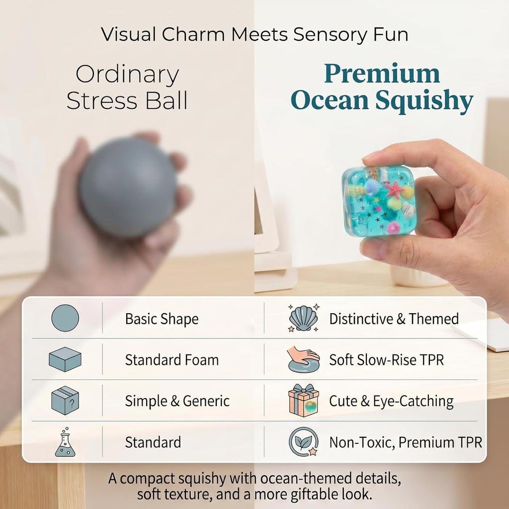 Squishy Cube, Ocean Shells Ice Cube Squishy Fidget Toys | Slow Rise Squishies Stress Balls for Adults & Teens, Soft Squeeze Sensory Toys