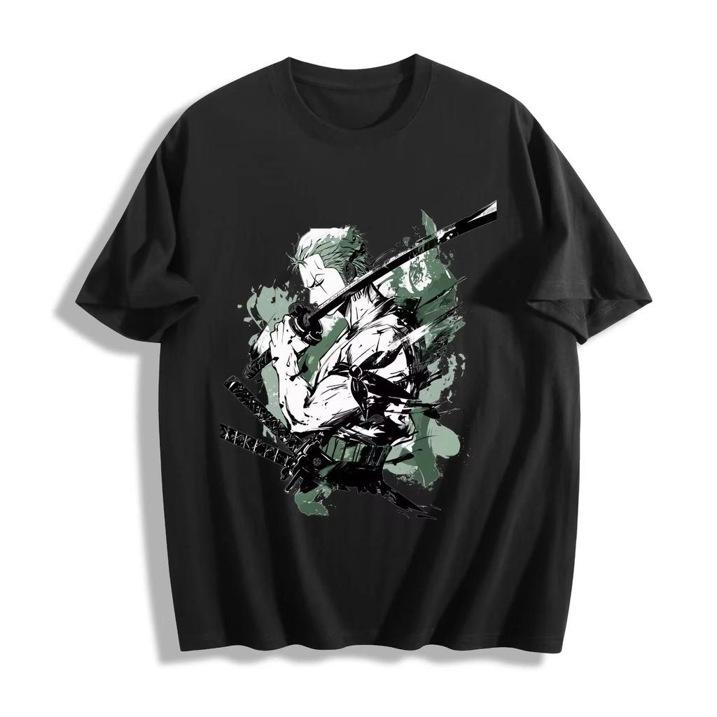 2026 New Year Zoro Anime T Shirt Ink Style GreenBlack Design Unisex Tee Unisexs Round Neck Short Sleeve