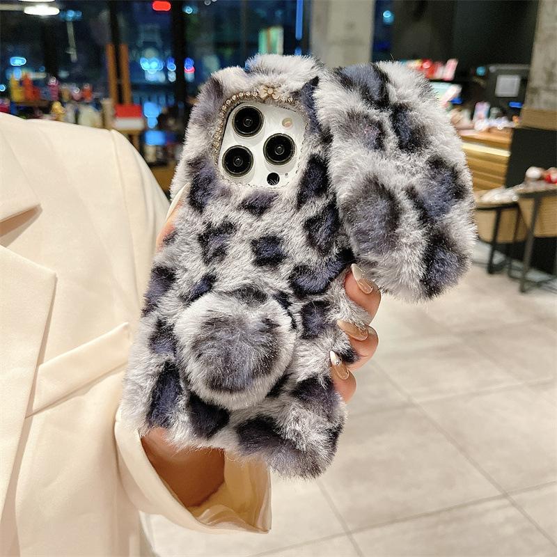 Custodia in Peluche con Stampa Leopardata Cartone Animato e Pelliccia di Coniglio per iPhone 17 Air 16 13 12 11 Pro Max XS XR X 7 8 Plus Copertura Antiurto