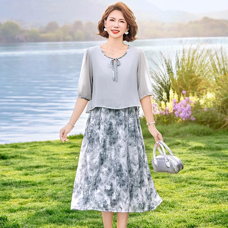 Elegant Summer Chiffon Dress for Middle-Aged Women - New Chinese Style Fashion