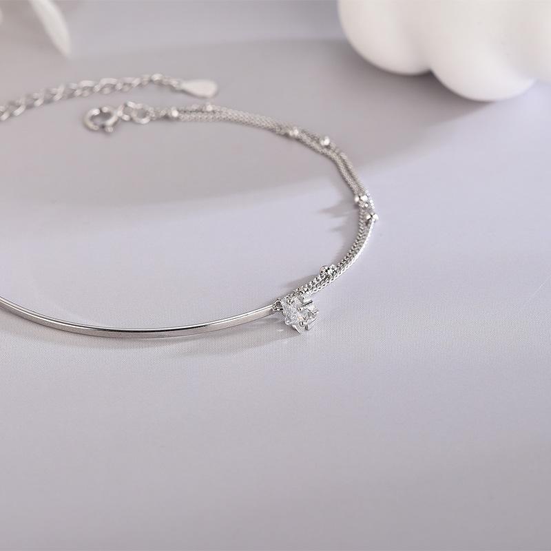 S925 Sterling Silver Korean Version Inlaid with Zircon Curved Tube Bracelet Simple Five-pointed Star Double Layer Single Diamond Bracelet