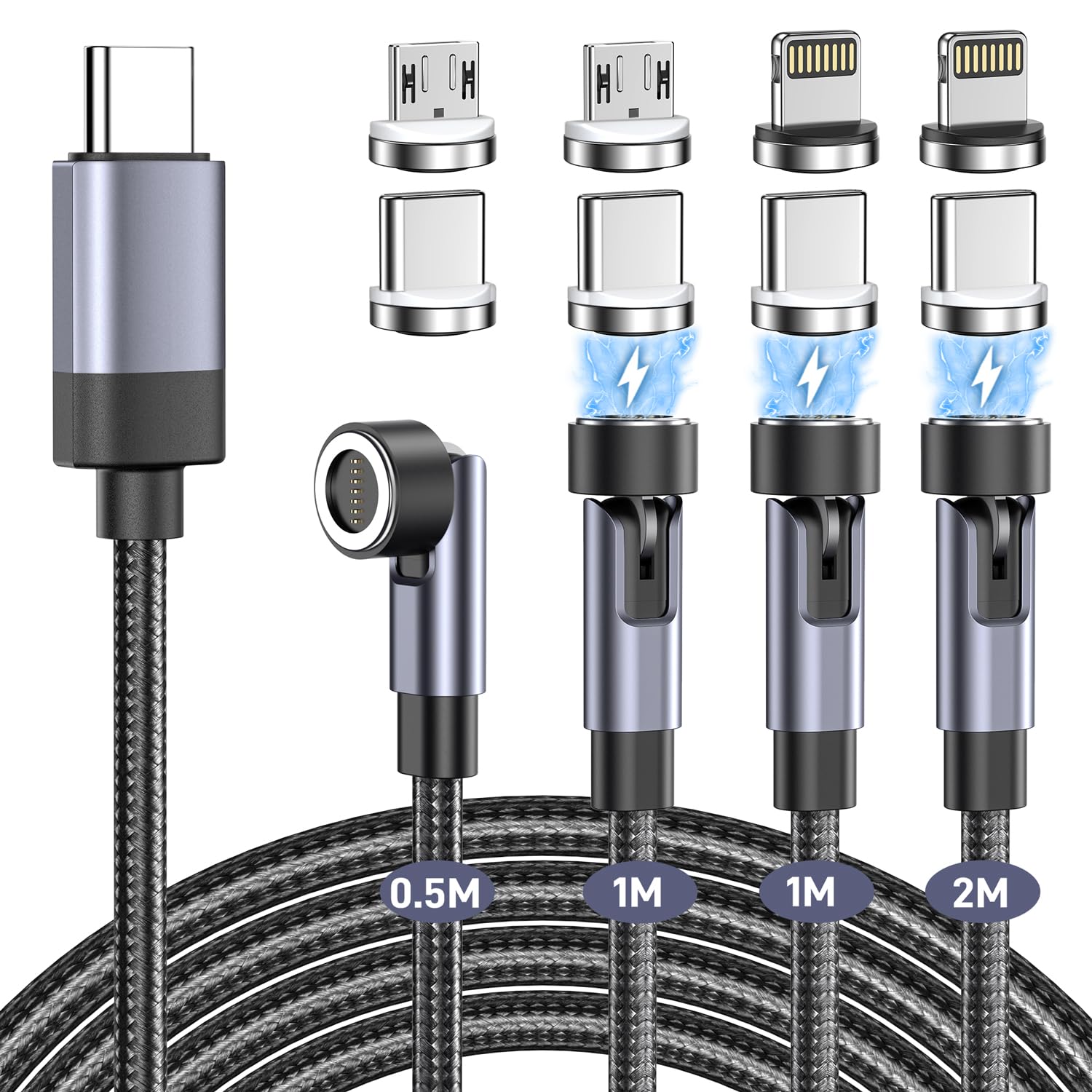 

Magnetic Charging PD of 1m 1m 2m PD Compatible with iPhone Cable, Type-C Rapid, 3-in-1, 60W, Compatible, 7-Pin [Set 4, 0.5m + + + Lengths], 360° +