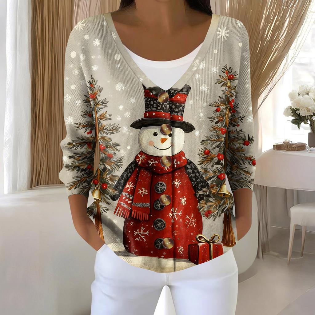 Women's Fashion Long Sleeve Christmas Snowman Snowflake Print Jacket Cardigan