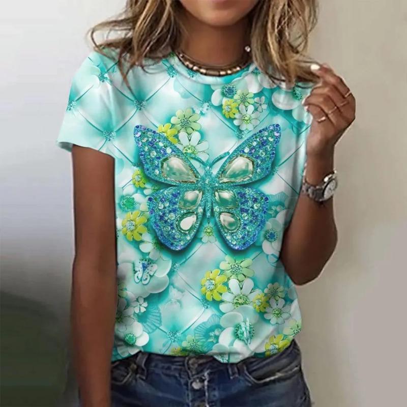 3D Printed Butterfly Pattern Summer Women s T-shirt Breathable and Versatile Fashion XS
