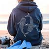 American Beach-style Minimalist Line Whale Shark Heart Print Hooded Sweatshirt, Unisex Oversized Casual Long-sleeve Hoodie