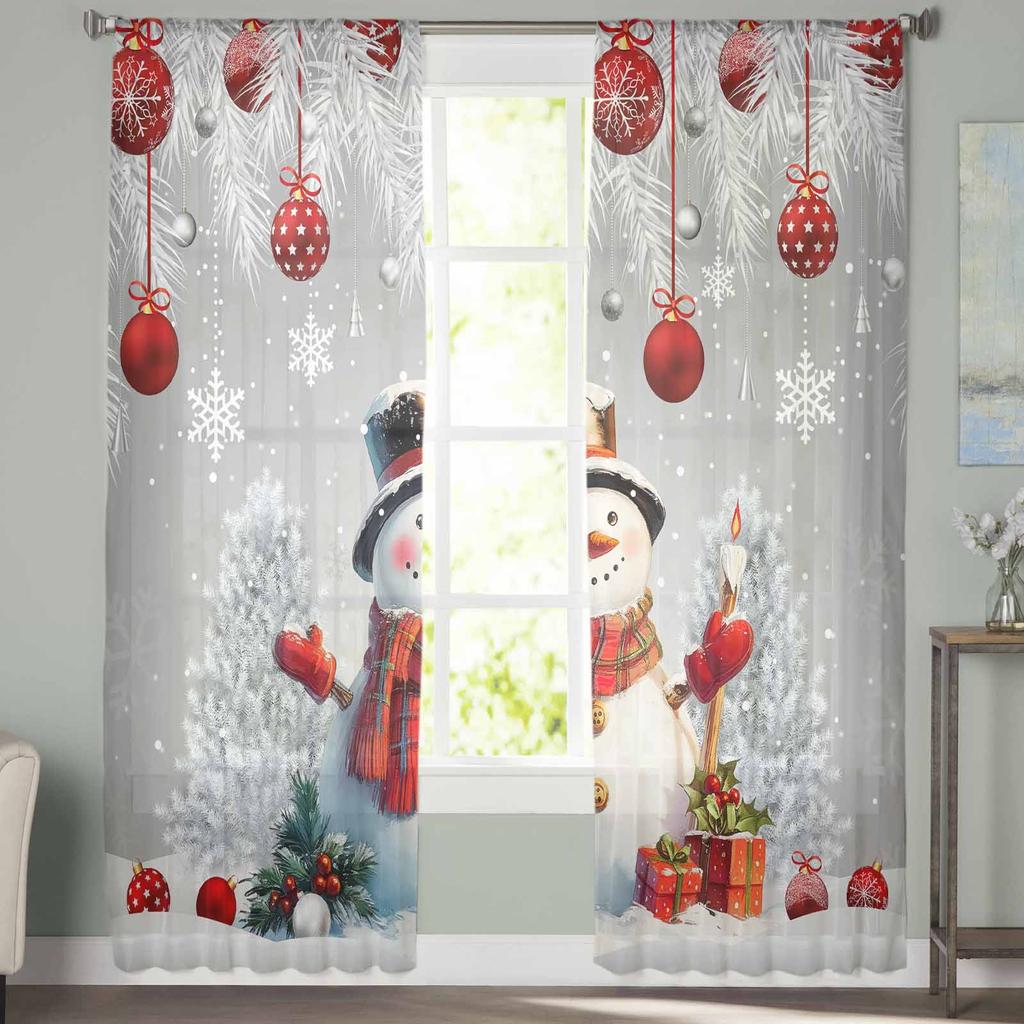 Snowman Pine Leaves Christmas Ball Curtains For Living Room Bedroom Home Decoration Window Voile Tulle Curtain Drapes