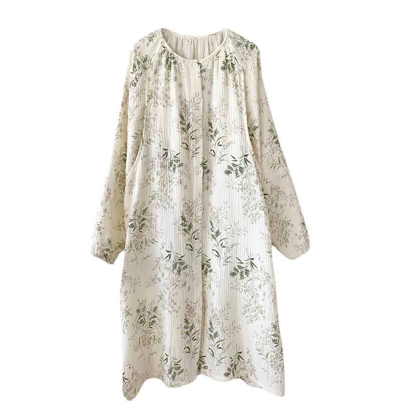 Bavlnová těhotenská/kojící noční košile na jaro/léto 2024 - Dvouvrsté krepové pyžamo z gázy pro poporodní a těhotné ženy