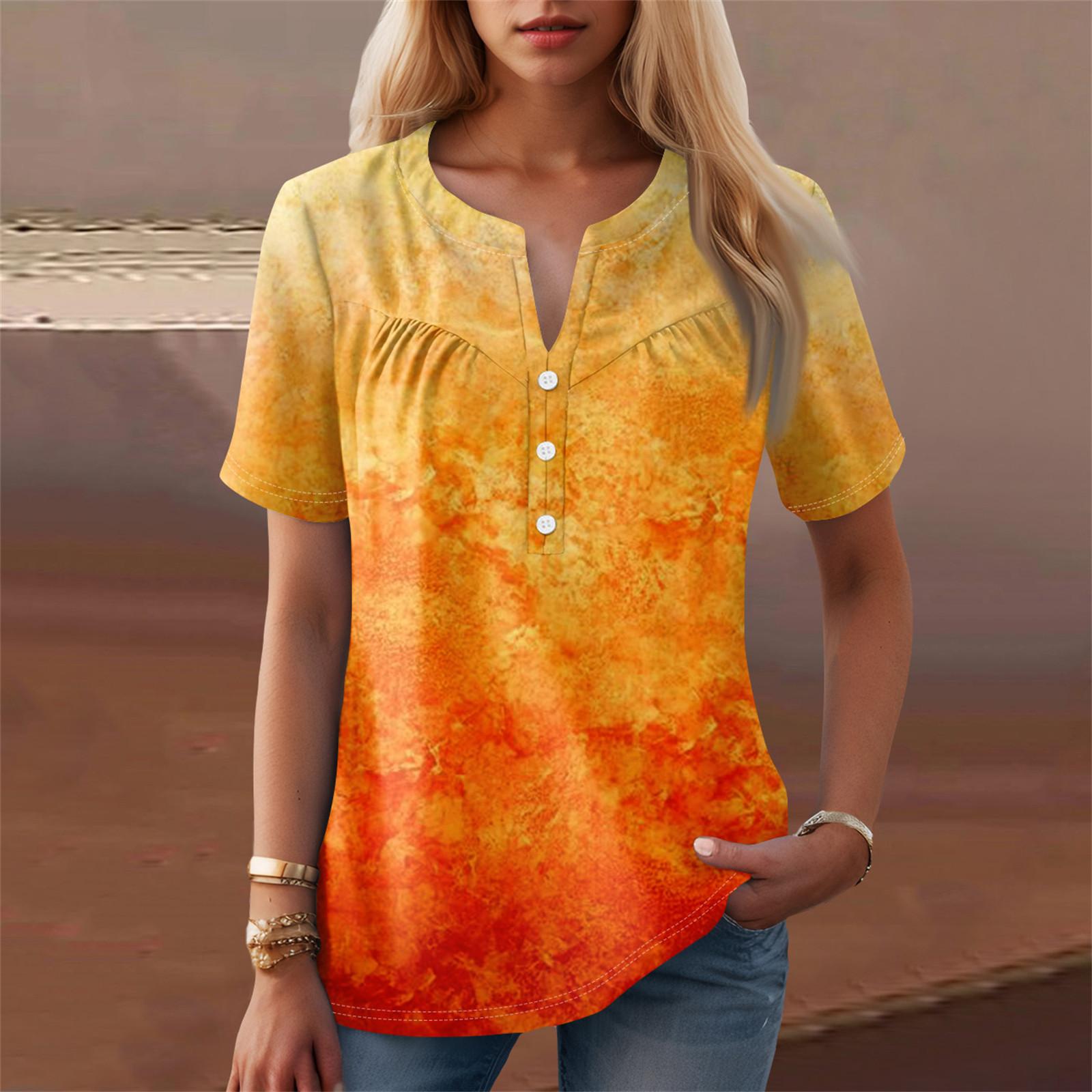 

Женская повседневная футболка с v-образным вырезом и коротким рукавом с цветочным принтом и декоративными пуговицами, топ M