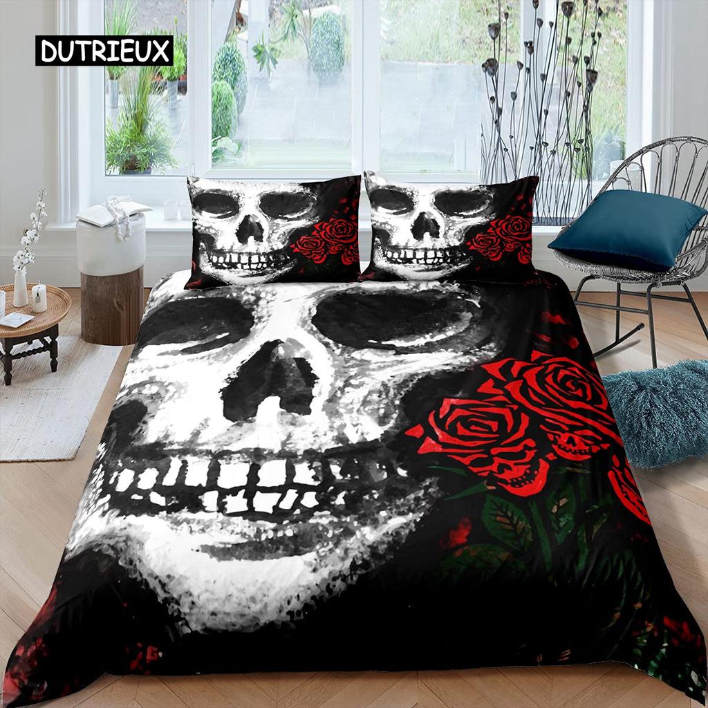 Sugar Skull Duvet Cover for Lover Sweetheart Roses Twin Bedding Set Microfiber Halloween Men Smoke Fog Horror Gothic Quilt Cover