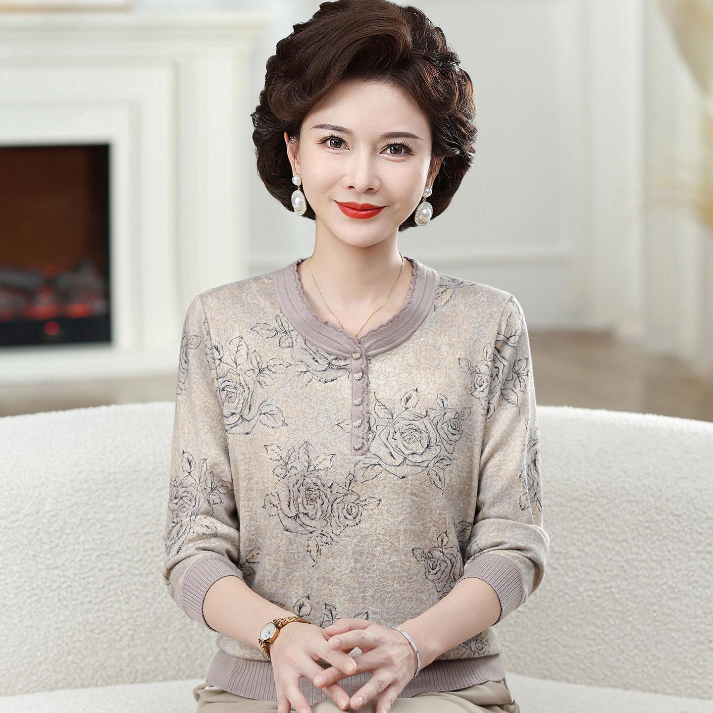 

Elegant Spring Qipao Collar Top for Middle-Aged Women, Long-Sleeved Stylish Shirt for 50s-60s. XL (for 100-120 jin)