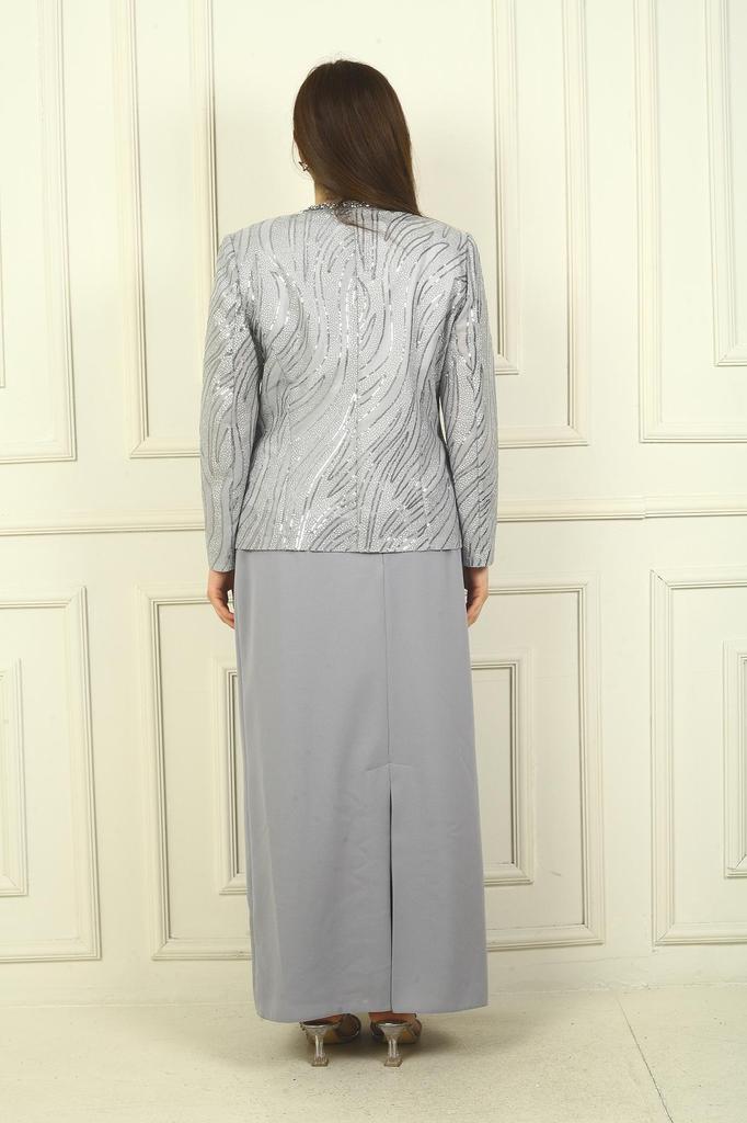 Kadın Pulpayet Ceket Yarım Ay Kollu Bluz Astarlı Krep Uzun Etek Büyük Beden 3'lü Takım