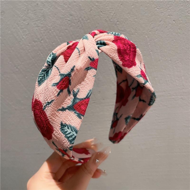 Exquisite Women Rose Print Cloth Knot Hairbands Female Party Shopping Head Hoop Wide Ladies Photography Headbands