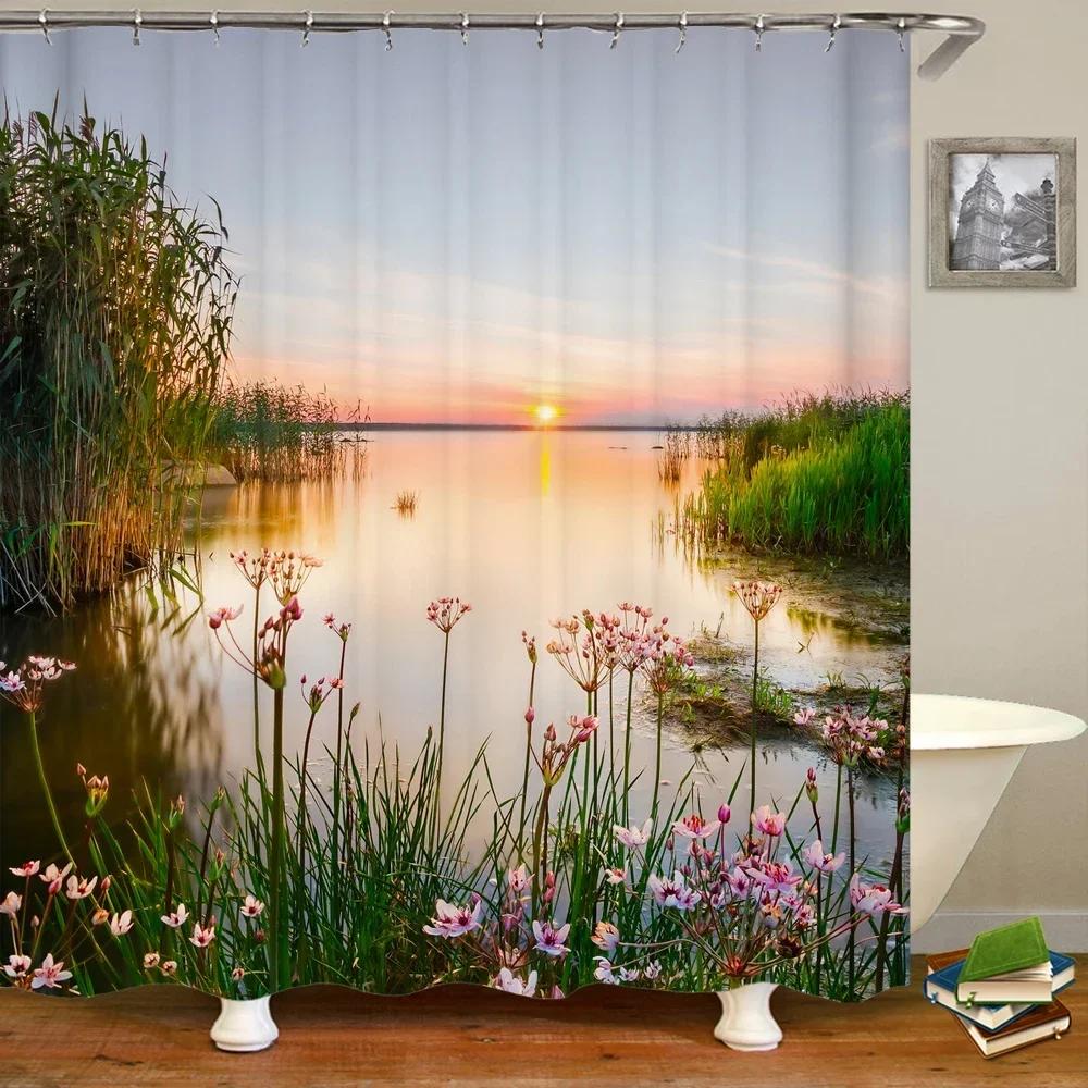Natur Waldlandschaft Duschvorhänge Badezimmervorhang Stoff Wasserdicht Polyester Landschaft Badevorhang mit Haken