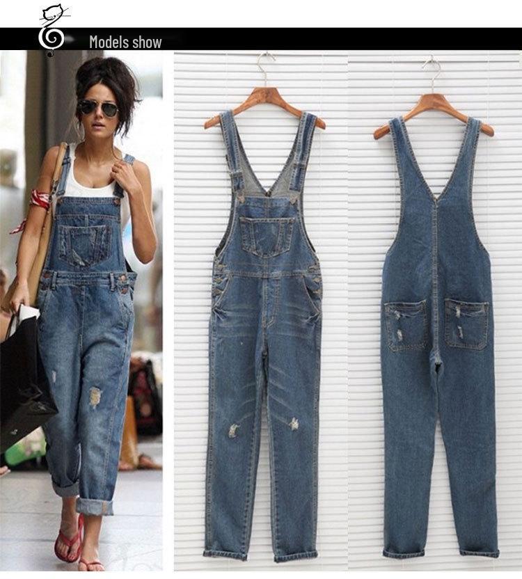 European and American Loose Large Size Ripped Shoulder Denim Jumpsuit Overalls