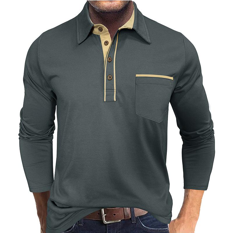 Men's Lapel Contrast Color Pocket Long Sleeve Polo Shirt Casual T-Shirt Tees
