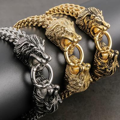 Cool Lion Head Bracelet for Men Figaro Link Chain Mens Cuff Bracelets Heavy Solid Stainless Steel Male Jewelry Bangles