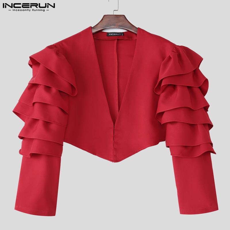 INCERUN Men V Neck Ruffled Long Sleeve Irregular Party Blazer Short Coats
