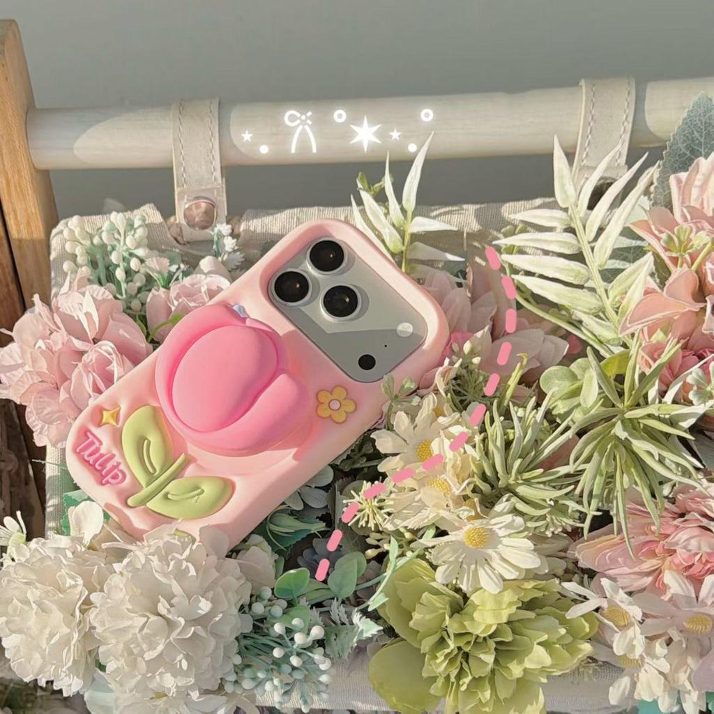 3D Pink Tulip iPhone Case for 14/15/16/17 Pro Max - Spring/Summer Collection