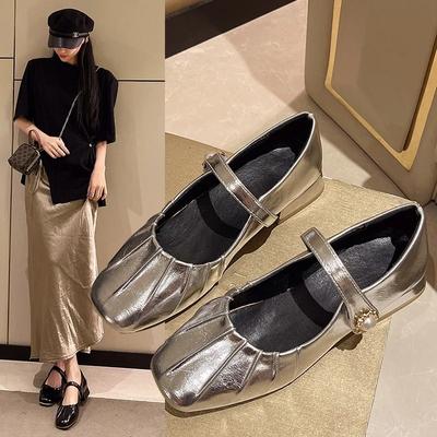 Mary Jane Shoes Glossy Leather Ballet Flats Fashion Pleated Low Heel Single Shoes for Women Soft Sole Casual Shoes Size 44