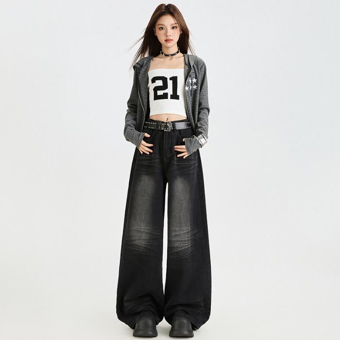 

Женские ретро черные и серые джинсы широкого кроя с дизайном со складками для осени 2025 года M