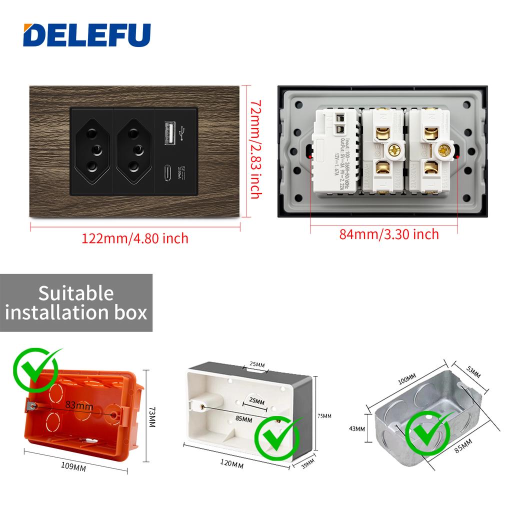 DELEFU Brasilianischer 118er Vintage Aluminium-Holzmaserung Schaltersteckdose mit USB Typ-C Anschluss Netzstecker ist Langlebig.