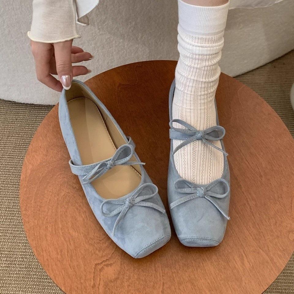 Inner height increase square head bow shallow mouth single shoes women's spring skirt fairy ballet style soft flat Mary Jane shoes