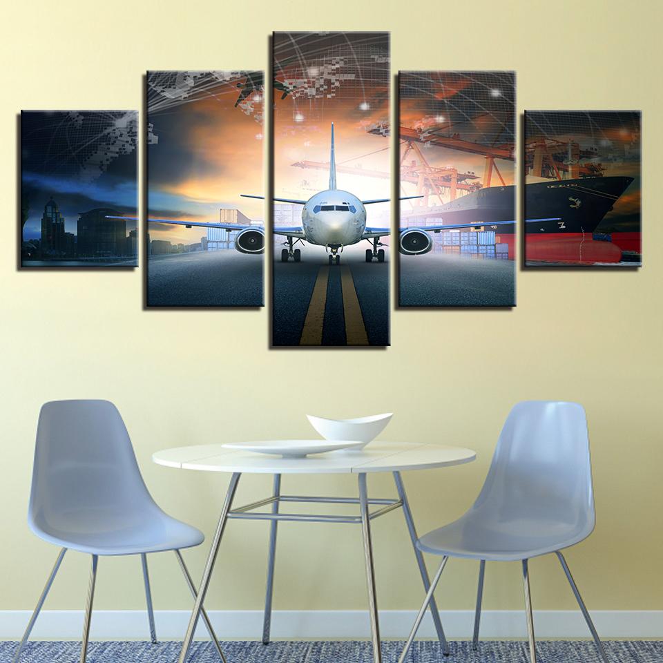 5 Panel Landscape Sunset Lights Airplane Lawn Canvas Painting Modular Posters and Prints Wall Art Pictures Home Decor No Frame