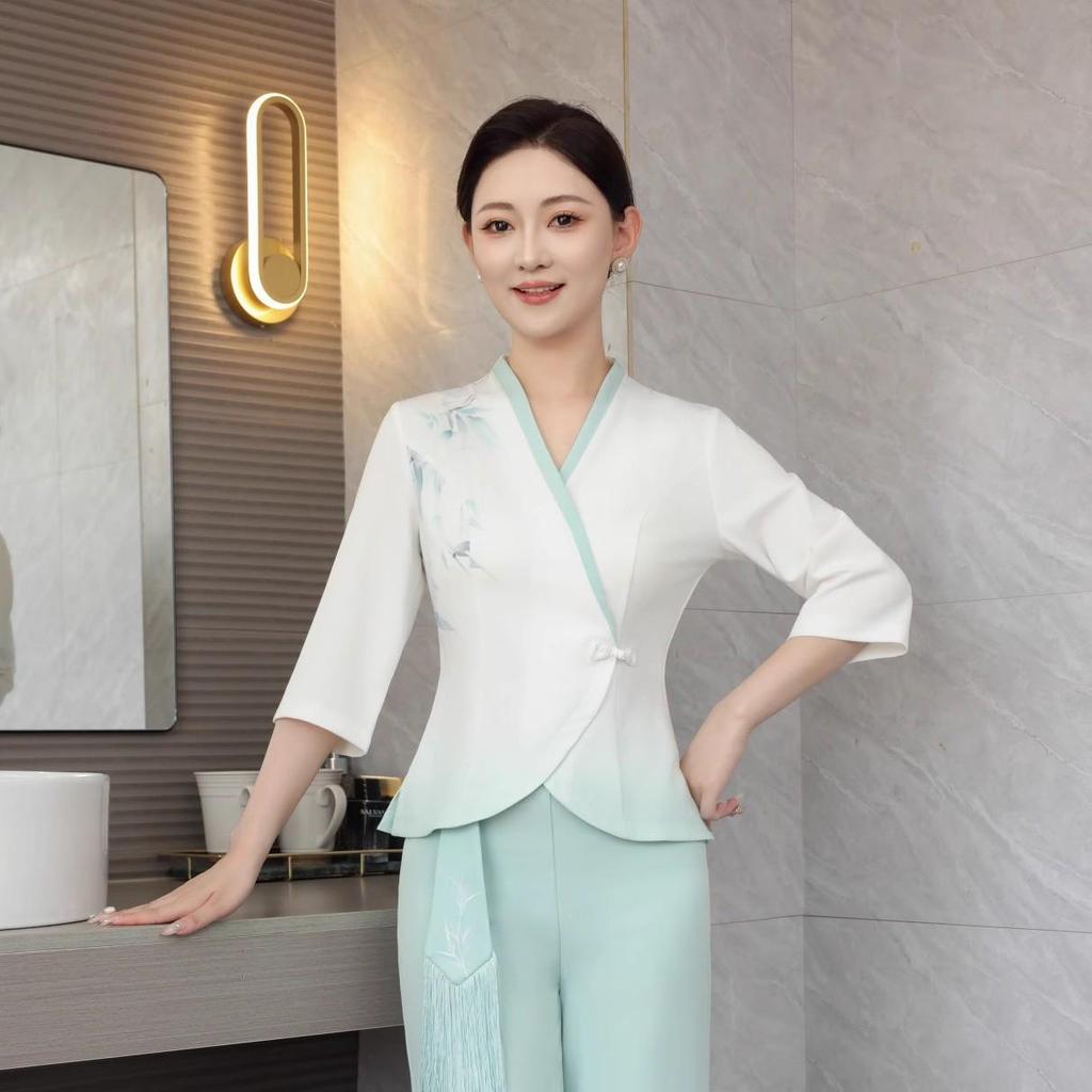 New Chinese Style Spring Workwear Set for Beauty Salon Technicians – Women’s Moisture-Wicking Outfit.