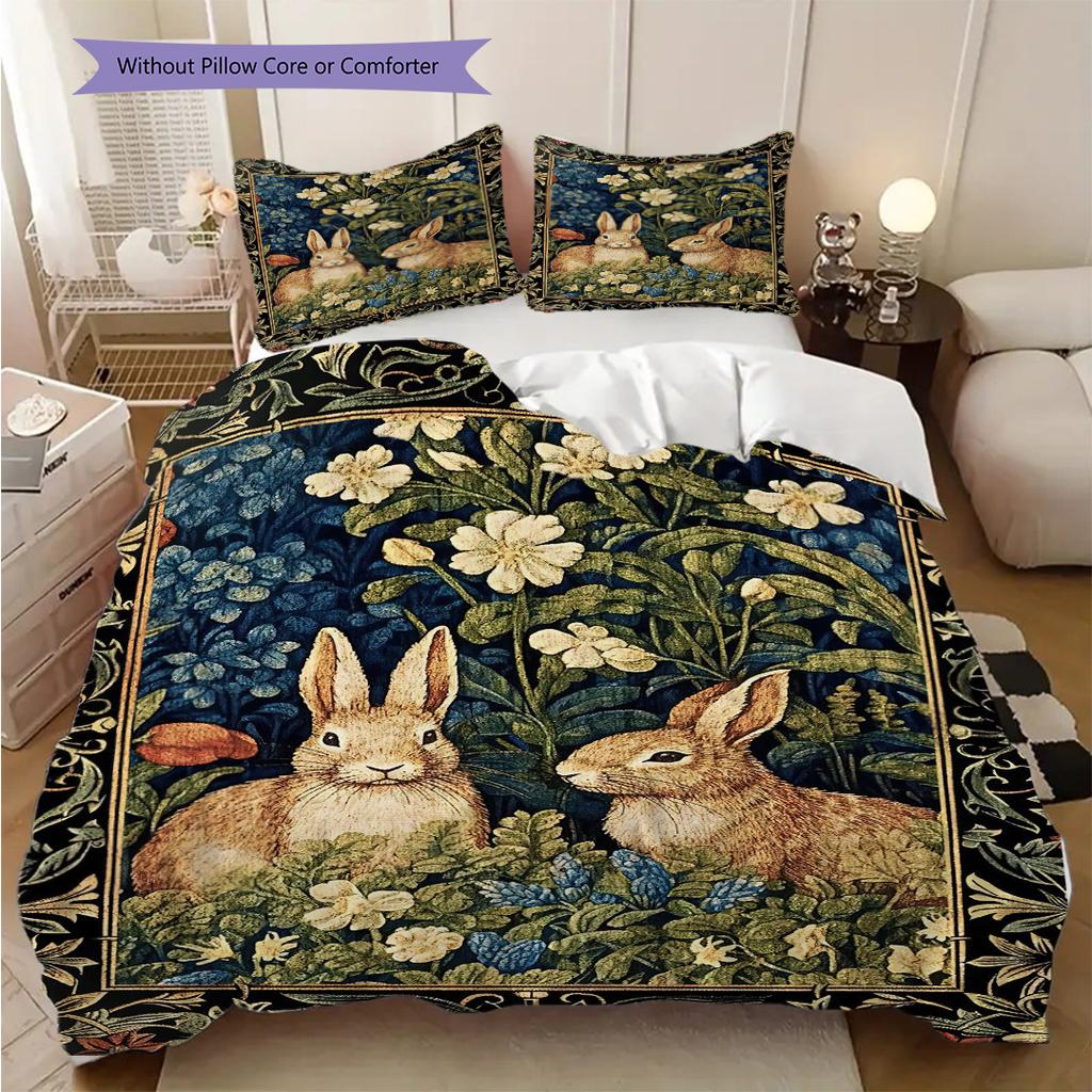William Morris' Pastoral Flower Rabbit Bettwäsche, Bettbezug, Kissenbezug, Heimdekoration, Geburtstagsgeschenk (1 * Bettbezug+2 * Kissenbezug, ohne Füllung)