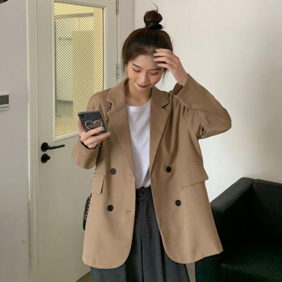 Jarní dámské sako, jednobarevné, dvouřadé, klopové, kancelářské, dámské, volný střih, klopové kapsy, sako