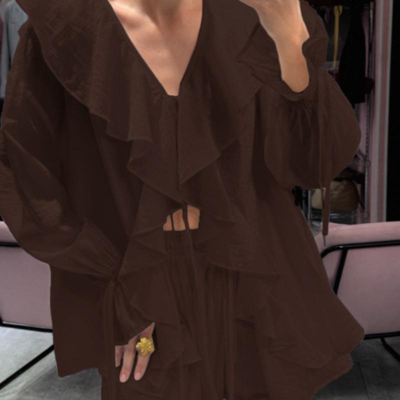 Spring and Autumn Sweet Loose Ruffled Two-Piece Set V-Neck Shirt and Shorts Set for Women