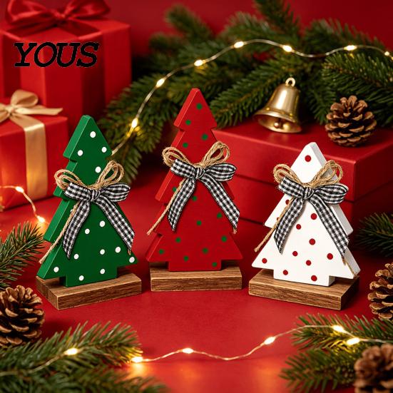 Christmas Table Decorations Tree Wooden Tabletop Sign, Rustic Polka Dot Xmas Tiered Tray Centerpiece Seasonal Home Accents with Bow, Farmhouse Holiday