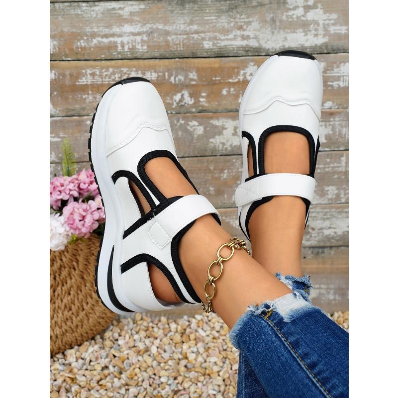 Women's Thick-Soled Velcro-Strap Color-Blocked Round-Toe Flat Casual Slip-On Shoes, Versatile European Style.