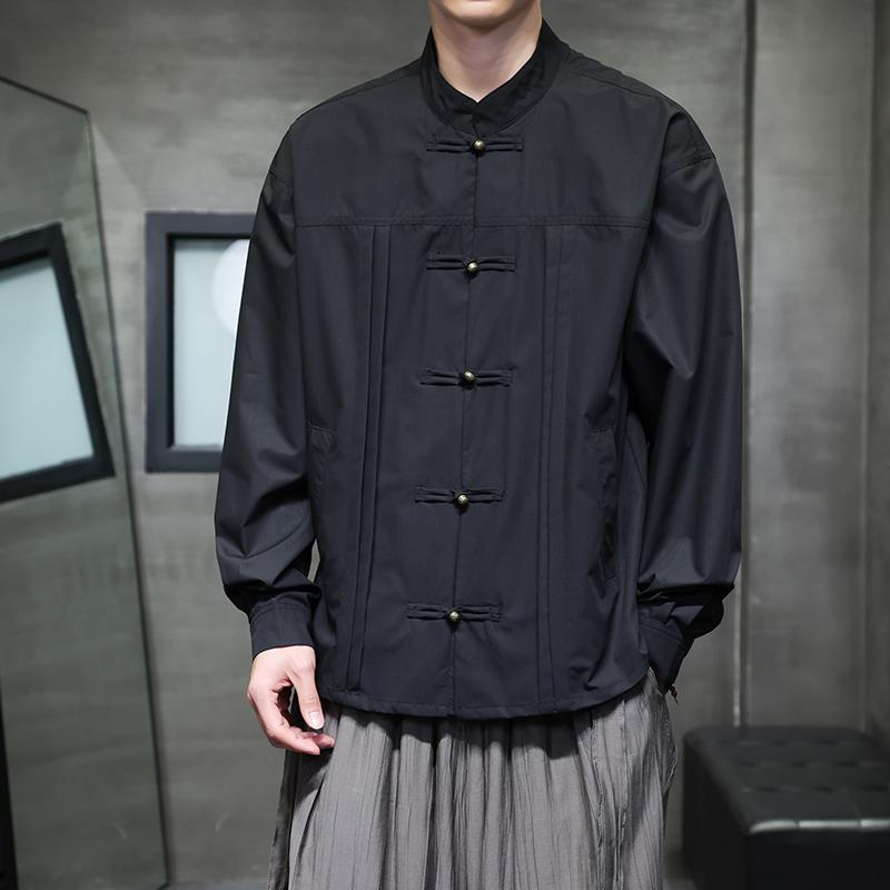 Camisa de Otoño para Hombre Cuello Mao Camisas Oversize Hombre Manga Larga Camisas Estilo Chino Formal Negro Blanco Casual Tops Retro
