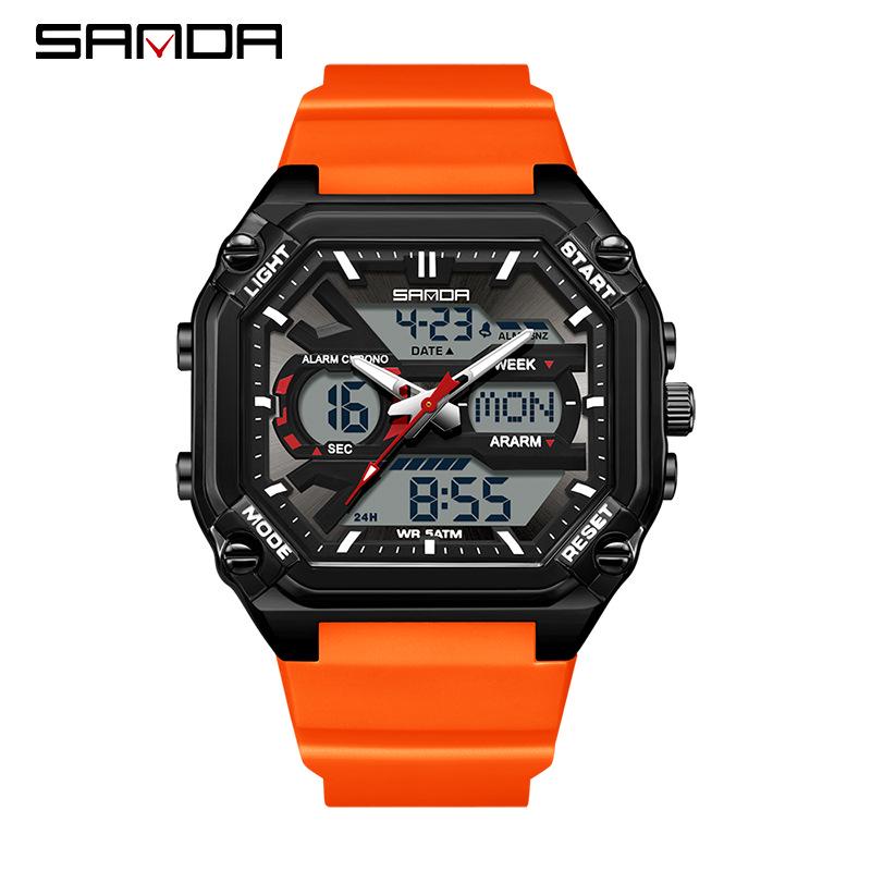 Sanda Men's Multifunctional Waterproof Electronic Watch - Trendy Timer with Dual Display & Three-Time Zone Outdoor Alarm.