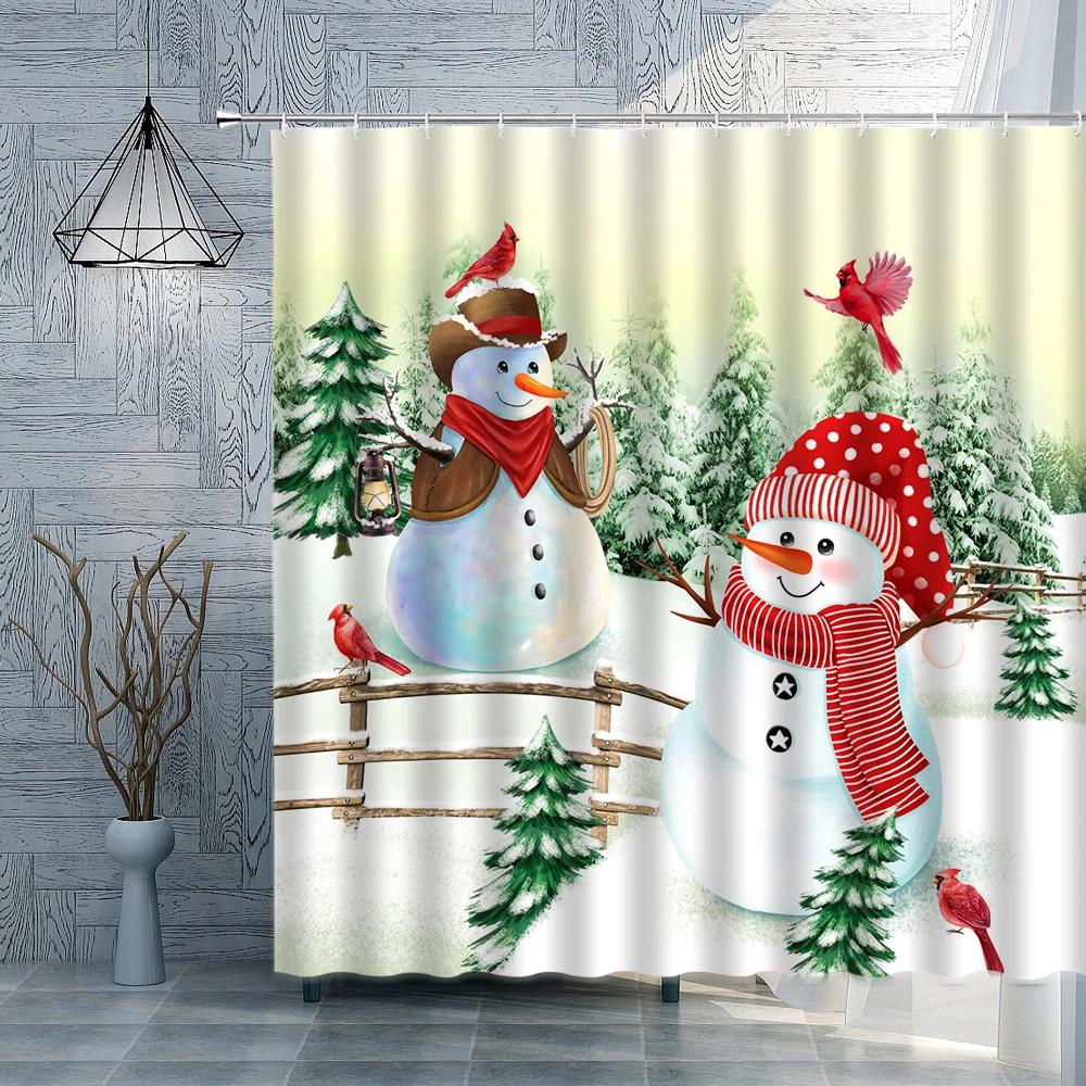 Christmas Shower Curtain Snowmen Bird Rural Wooden Fence Winter Holiday New Year Fabric Bathroom Curtains Farmhouse Decor Set