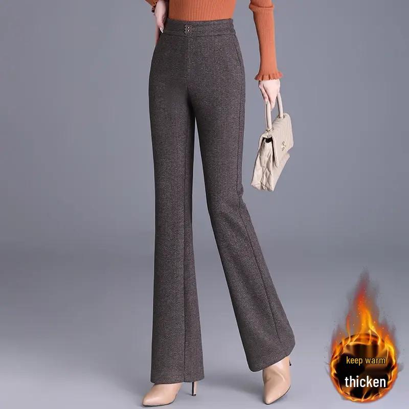 High-Waisted Slimming Women's Plus Velvet Micro-Flare Pants - Elastic Waist & Fashionable Casual Wear for Autumn/Winter