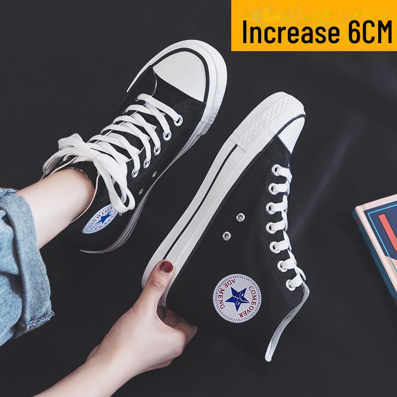 Tênis de lona feminino com salto alto de 6 cm - Primavera/Outono 2024, calçado casual de algodão estilo coreano de cano alto