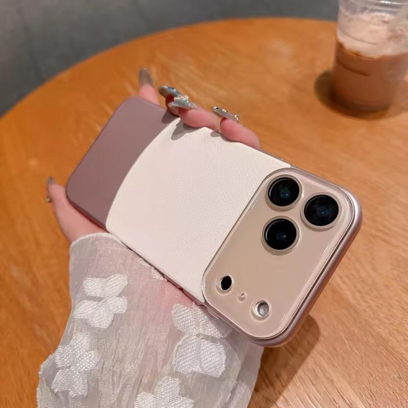 Napa Deri Liçi Desenli İki Tonlu Kılıf iPhone 17 Pro Max 17 Pro Air 16 Plus 15 14 13 12 11 Pro Lens Koruyucu Kapak