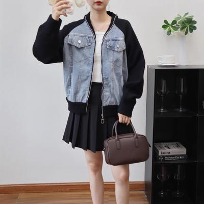 Denim-Strick-Cardigan mit Patchwork-Design, doppelseitig, Herbst und Winter, neues Design, Reißverschluss, lässige Strickjacke, Jacke für Damen