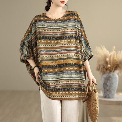 Oversized Vintage Stripe Floral Casual Loose Long T Shirt Tops Women Summer T-shirt
