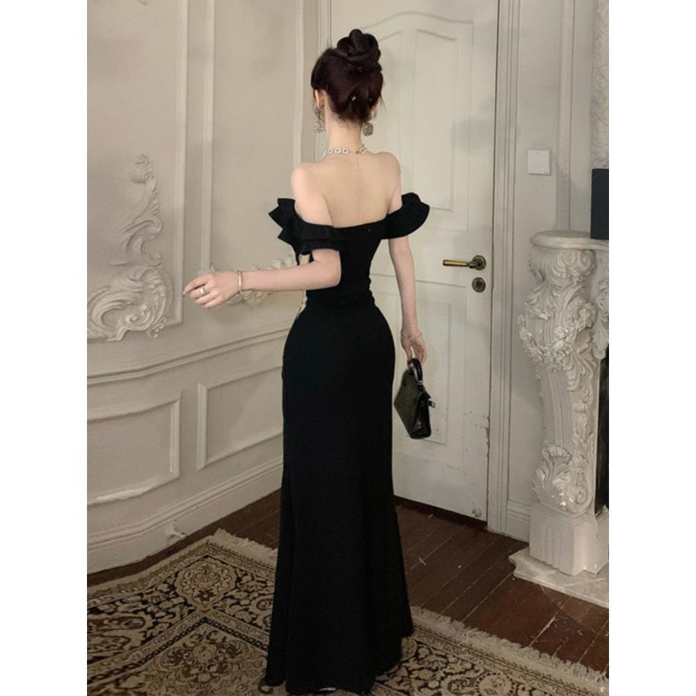 French Celebrity Royal Sister Pure Desire Wind One-word Shoulder V-neck Low-cut Long Dress Banquet Evening Dress Hip-wrapped Split Dress